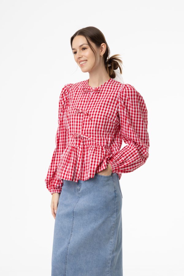 Red Gingham Bow Blouse Cheap - Image 2