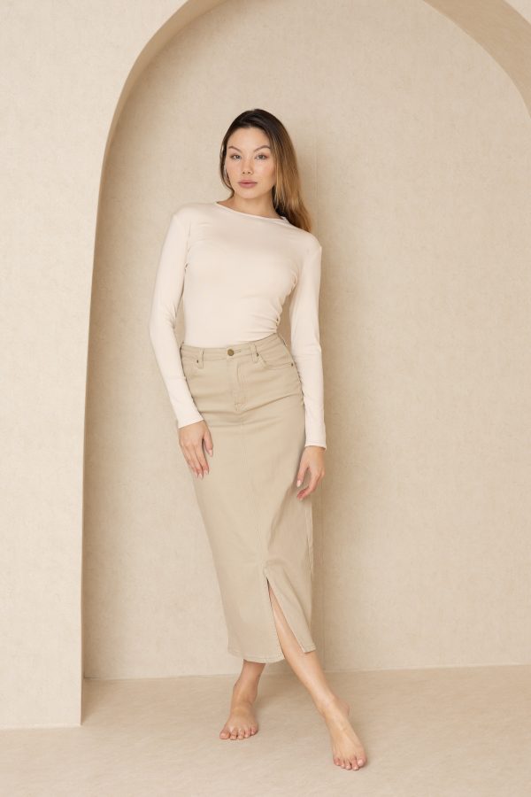 Ivory Solid Long Sleeve Round Neck T-Shirt on Sale